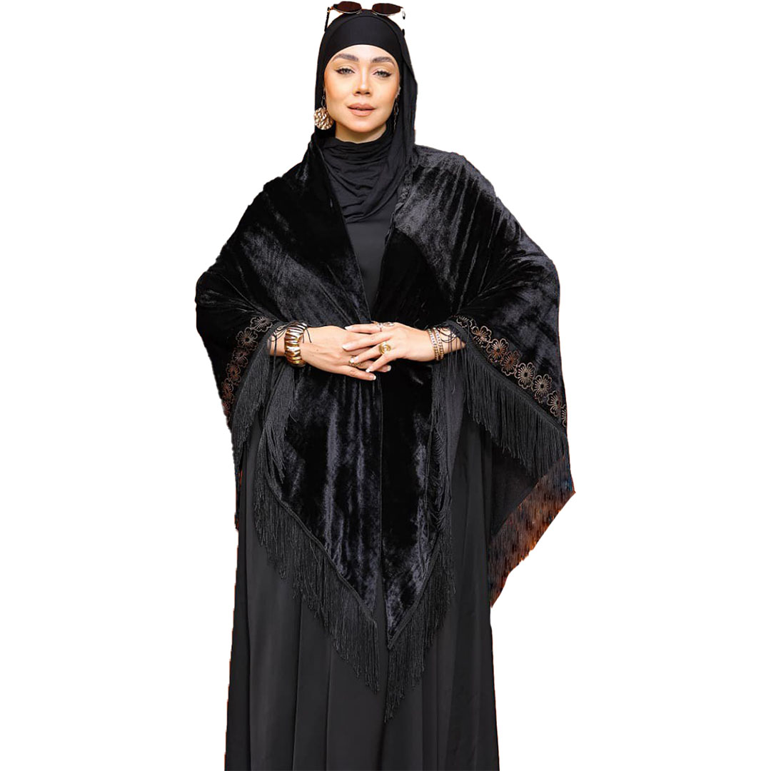 شال بتطريز  ورده قطيفه - أسود