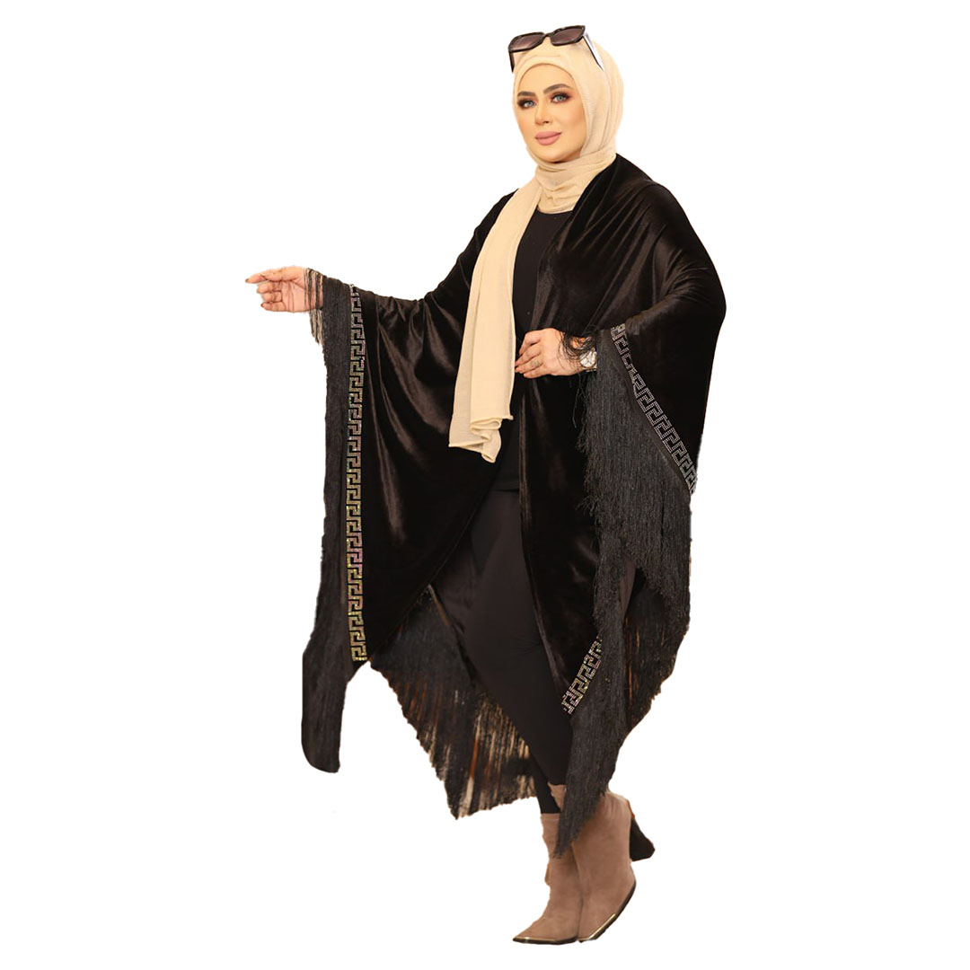 شال بتطريز و شراشيب قطيفه - أسود