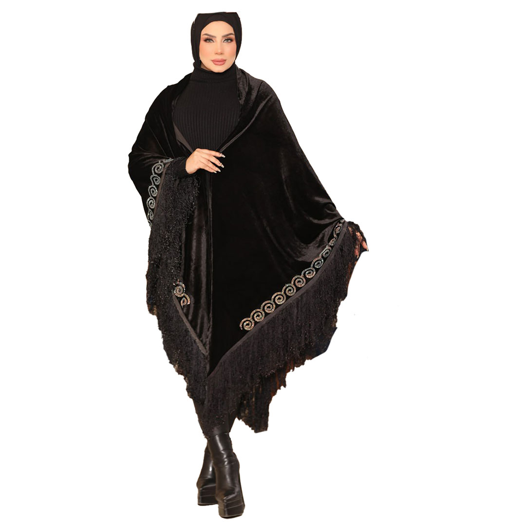 شال بتطريز علي الاطراف دوائر قطيفه - أسود