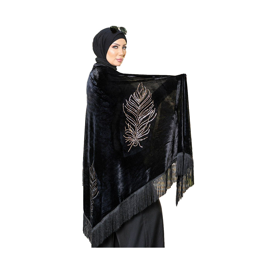 شال بتطريز  اوراق شجر قطيفه - أسود