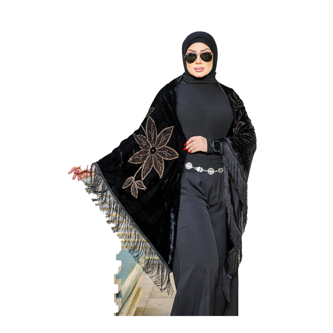 شال بتطريز وردة كبيرة قطيفه - أسود