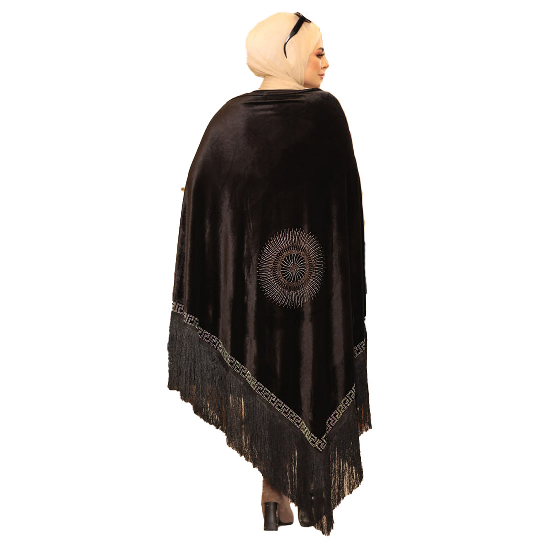 شال بتطريز و شراشيب قطيفه - أسود