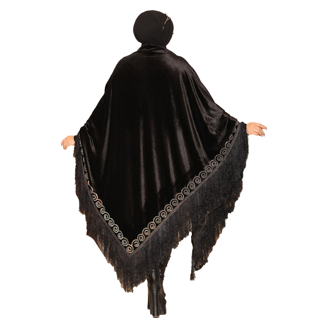 شال بتطريز علي الاطراف دوائر قطيفه - أسود