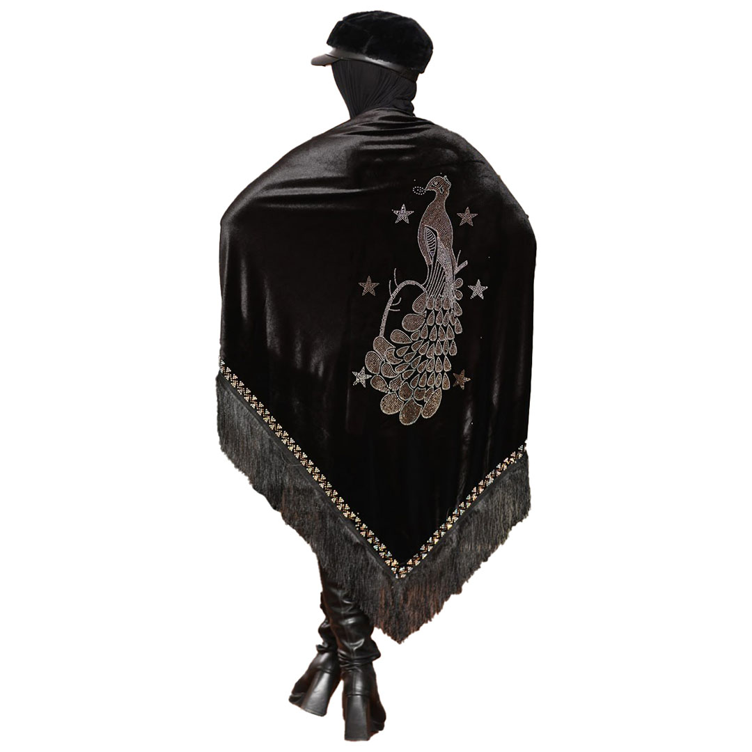 شال بتطريز طاووس الاطراف قطيفه - أسود