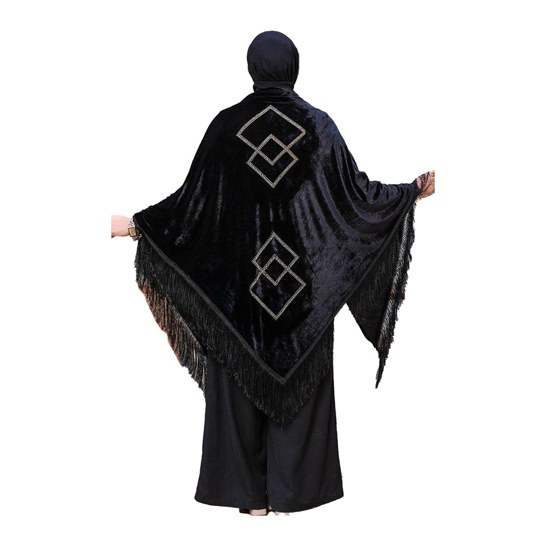 شال بتطريز شكل مربعات قطيفه - أسود