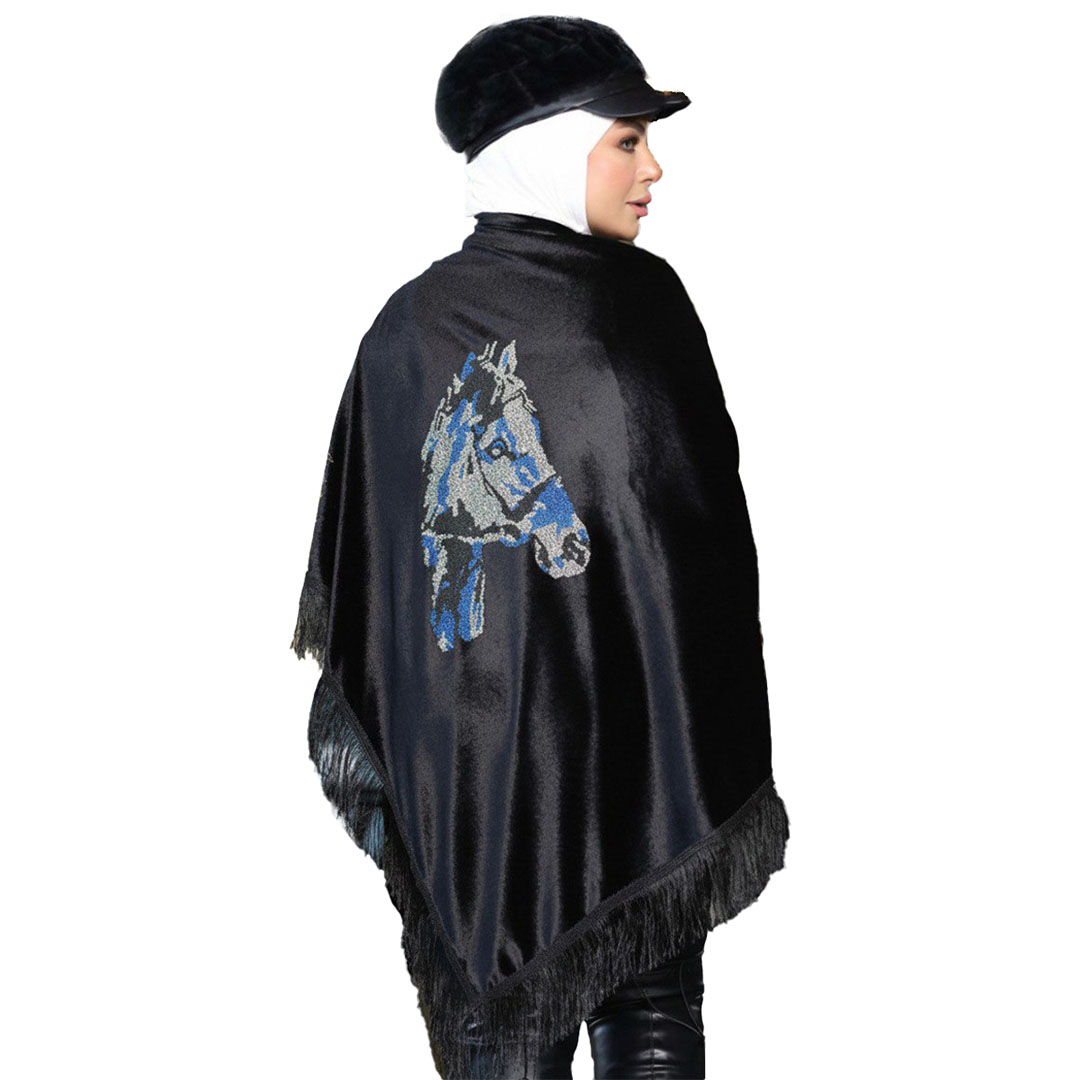 شال بتطريز  حصان أزرق قطيفه - أسود