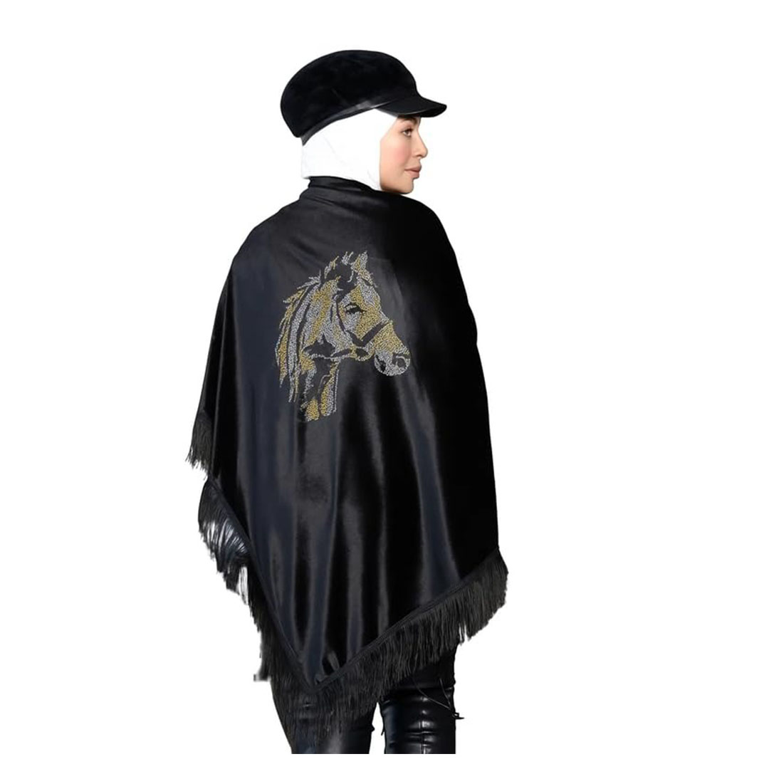 شال بتطريز  حصان ذهبي قطيفه - أسود