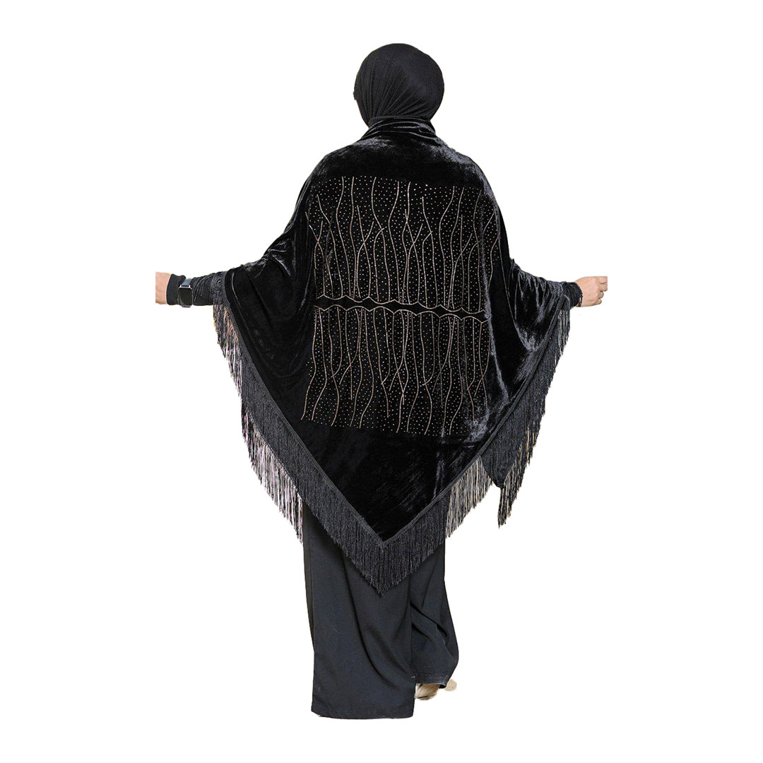 شال بتطريز اغصان الشجر قطيفه -أسود