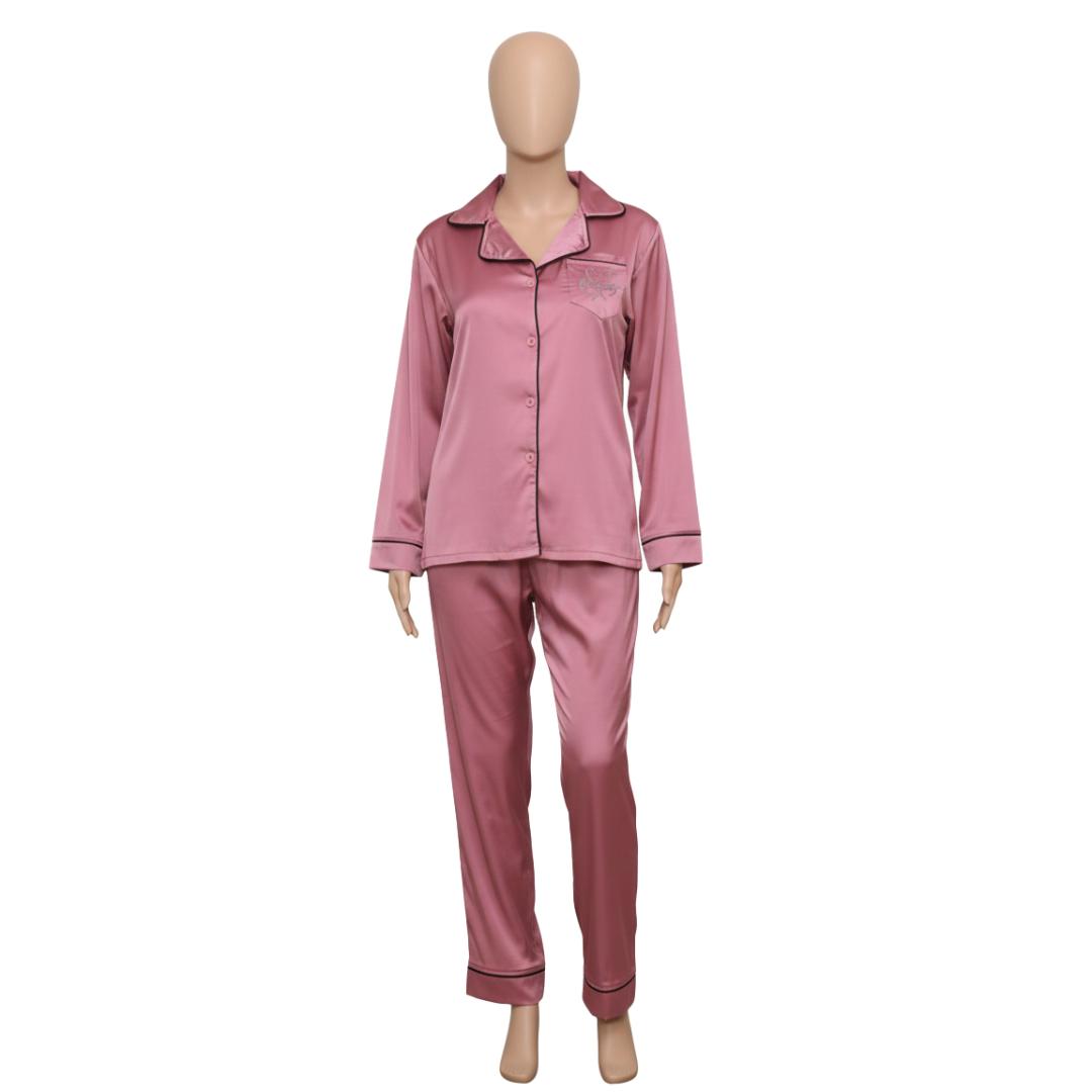 طقم بيجامة ستان قميص بأكمام و بنطلون - 2 قطعة - 204