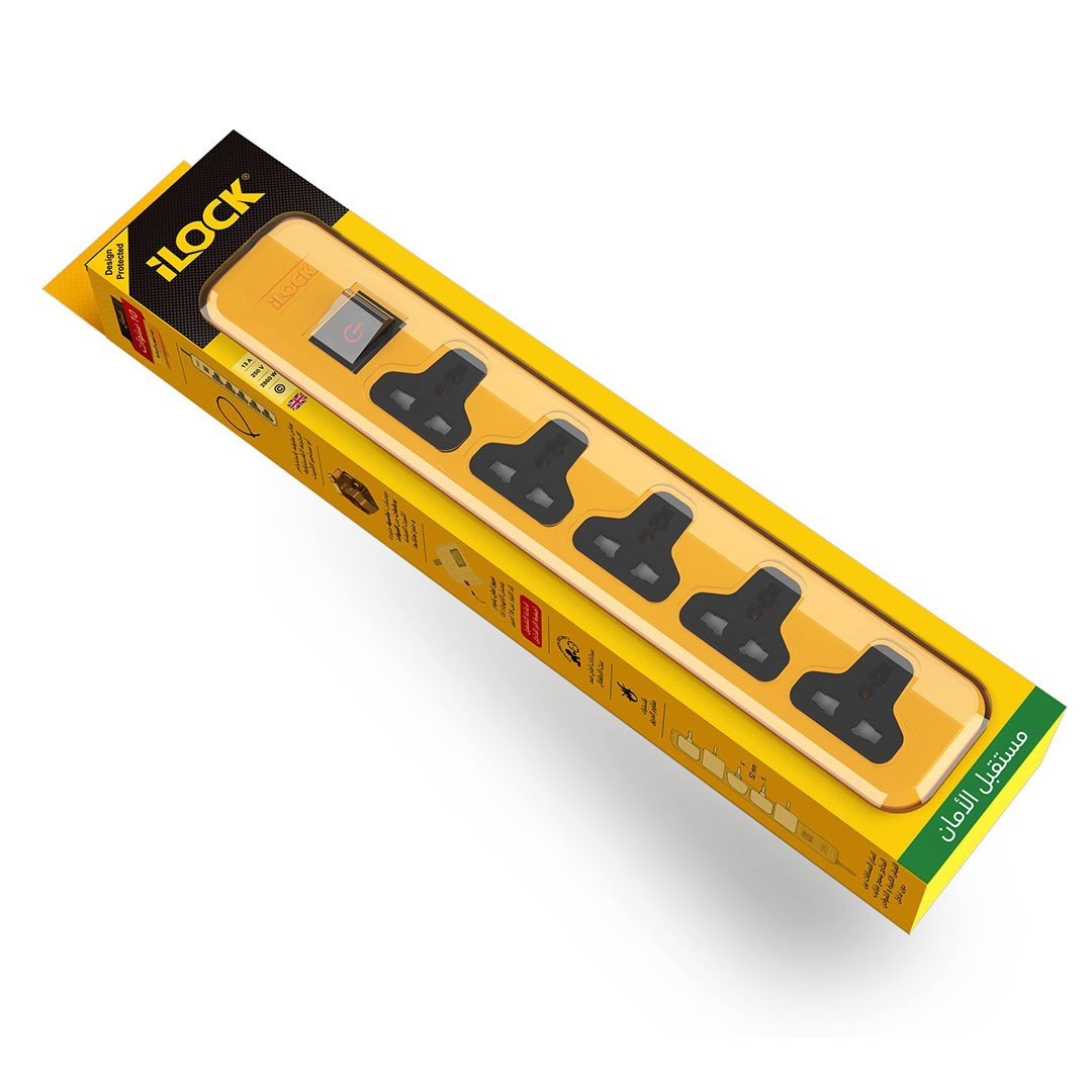 iLOCK مشترك كهرباء 5 مداخل يونيفرسال + مفتاح حماية - أصفر