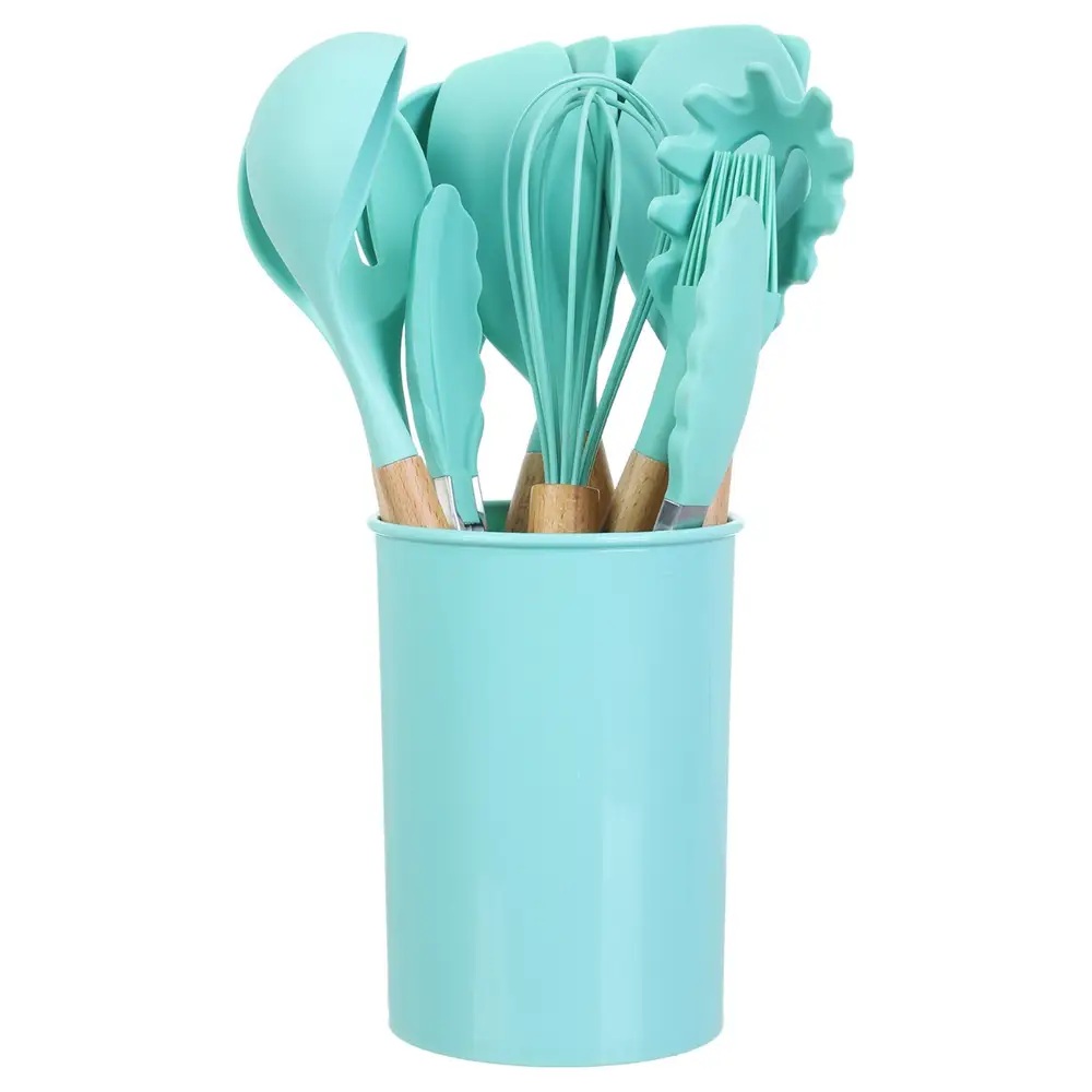 طقم توزيع سيليكون بيد خشب - 11 قطعه وحامل بلاستيك - أخضر