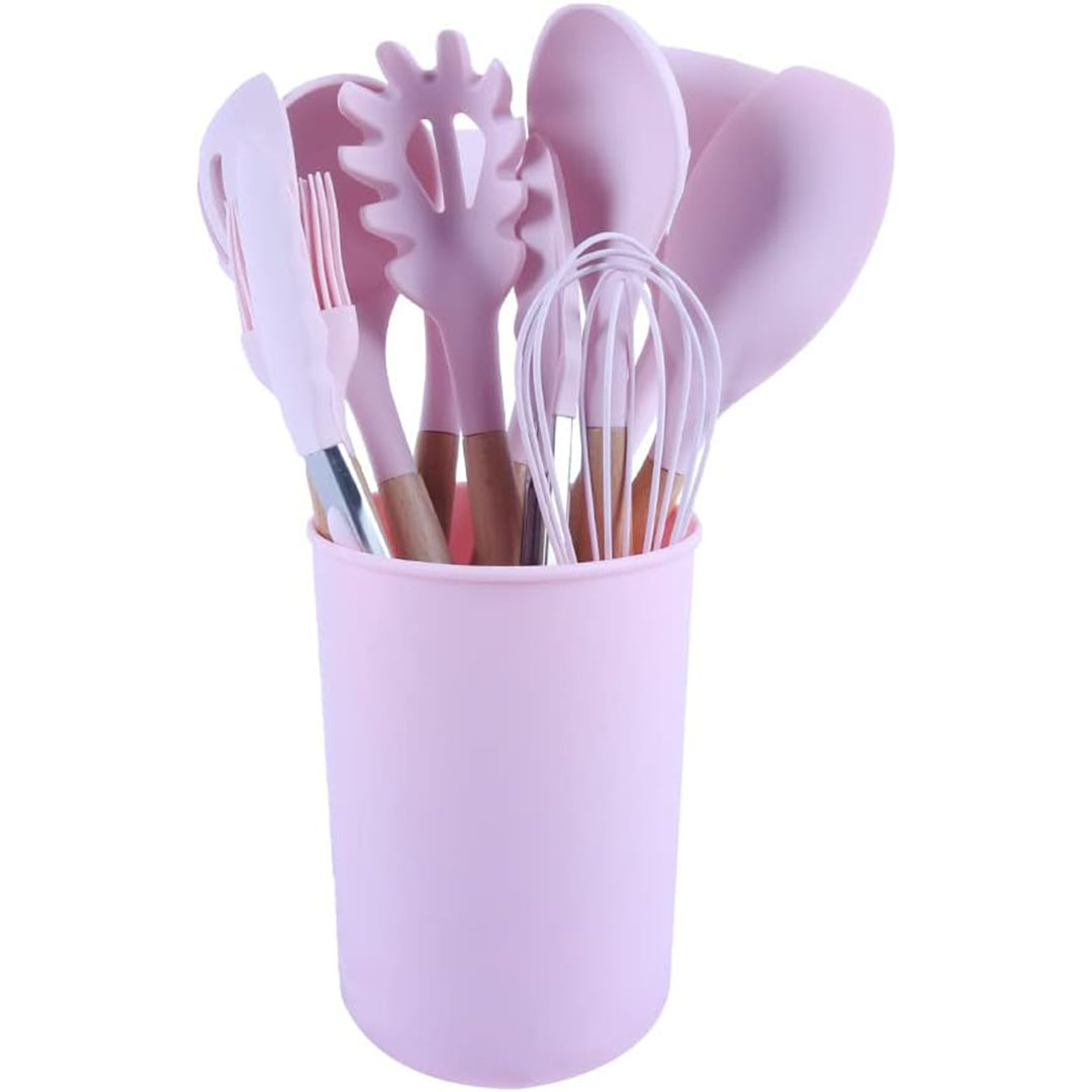 طقم توزيع سيليكون بيد خشب - بينك