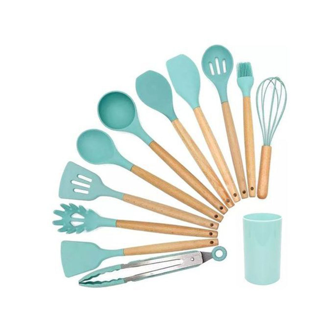 طقم توزيع سيليكون بيد خشب - 11 قطعه وحامل بلاستيك - أخضر