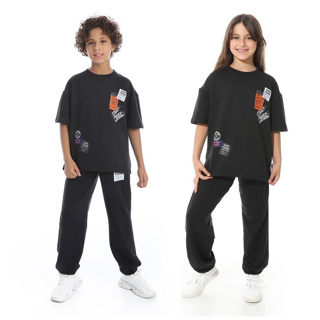 طقم بيجامة مطبوع مع بنطلون للأطفال - أسود - 1427