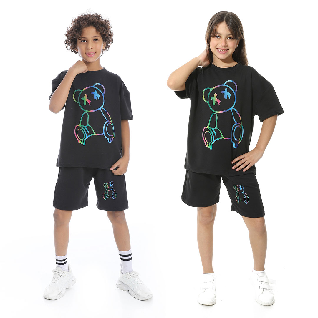 طقم بيجامة مطبوع مع شورت للأطفال - أسود - 1433