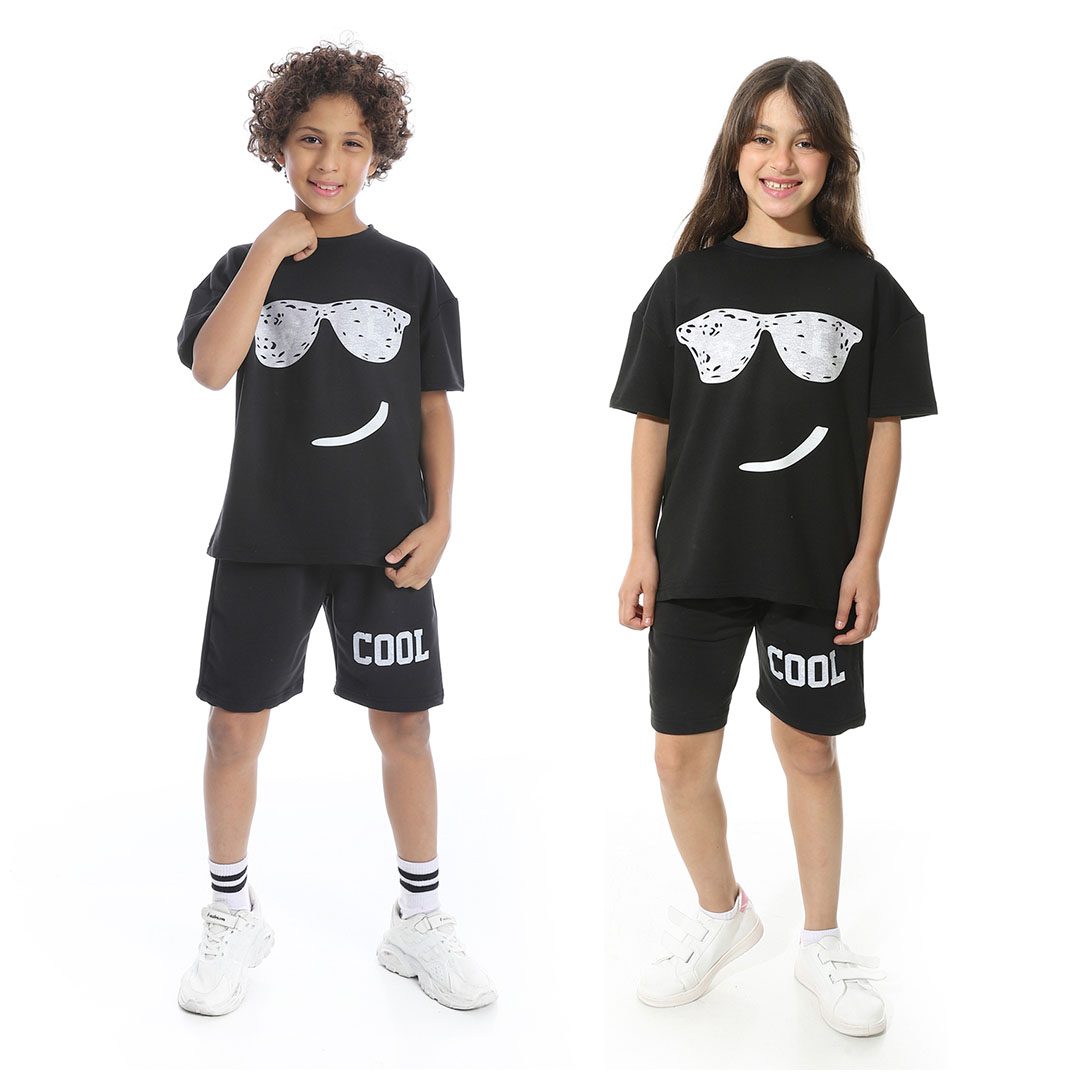 طقم بيجامة مطبوع مع شورت للأطفال - أسود - 1434