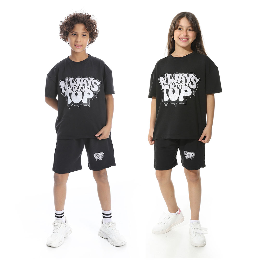 طقم بيجامة مطبوع مع شورت للأطفال - أسود - 1435