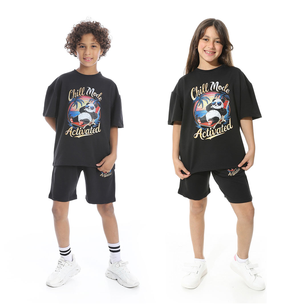 طقم بيجامة مطبوع مع شورت للأطفال - أسود - 1436