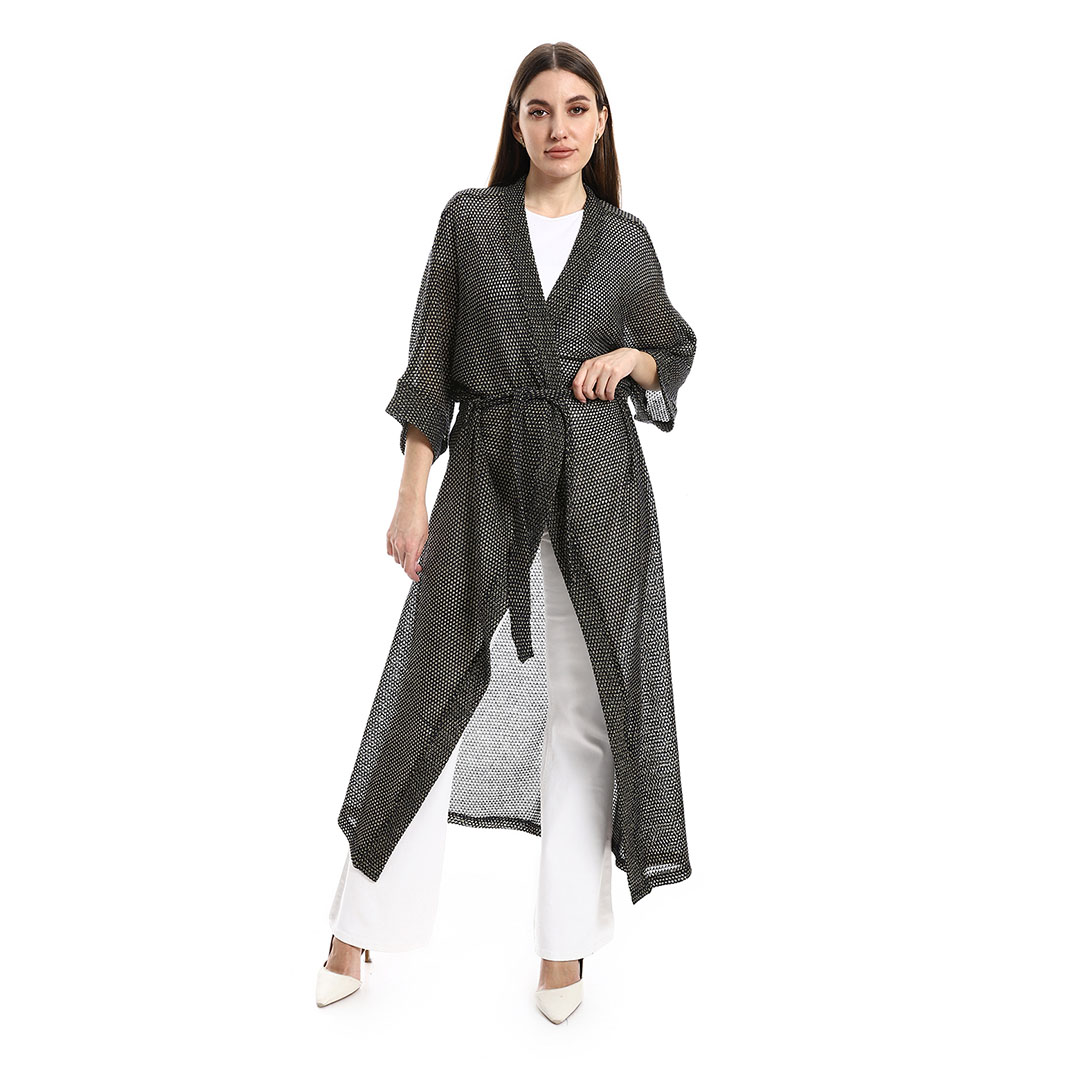 كارديجان برباط وأكمام ثلاثة أرباع مع حزام - كحلي - 33242