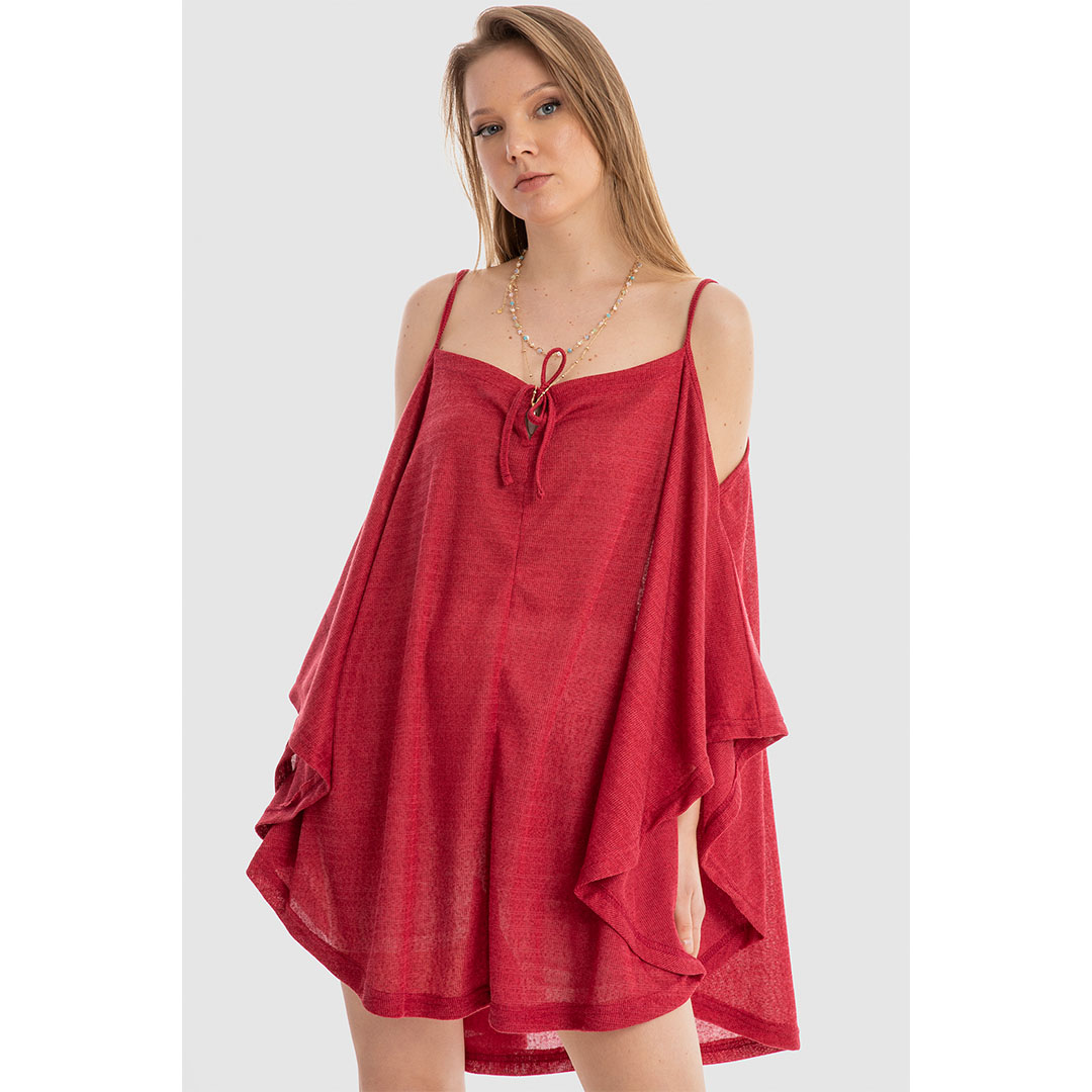 بلوزة وقميص فضفاض بأكمام مكشوفة وربطة أمامية حريمي - أحمر - 3333