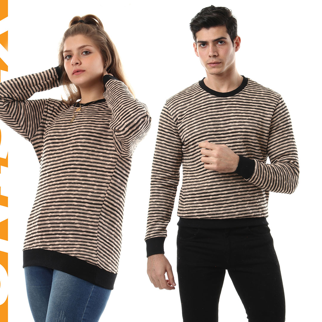 سويت شيرت دائري مخطط رفيع للجنسين - كافيه - 5512