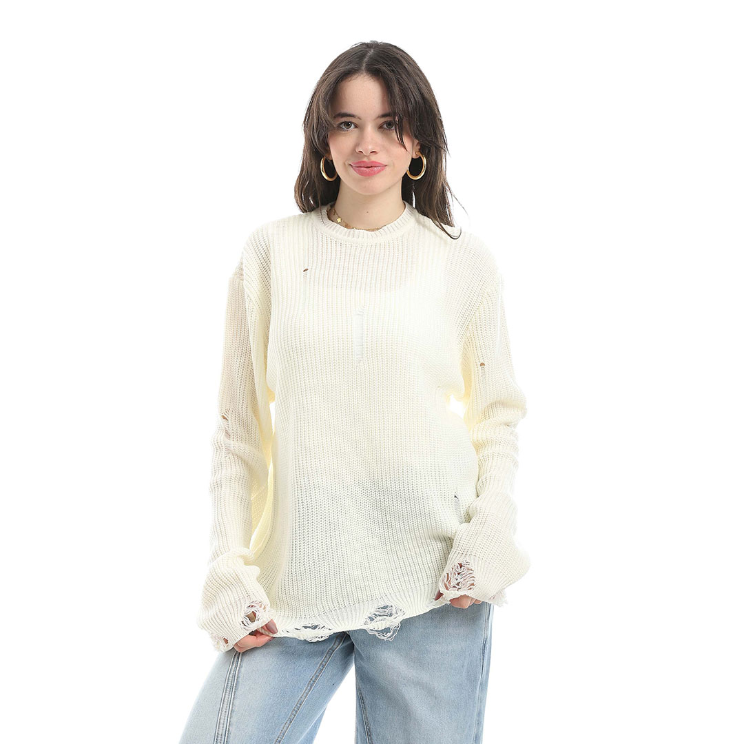 بلوفر صوف بكم واسع حريمي - أوف وايت