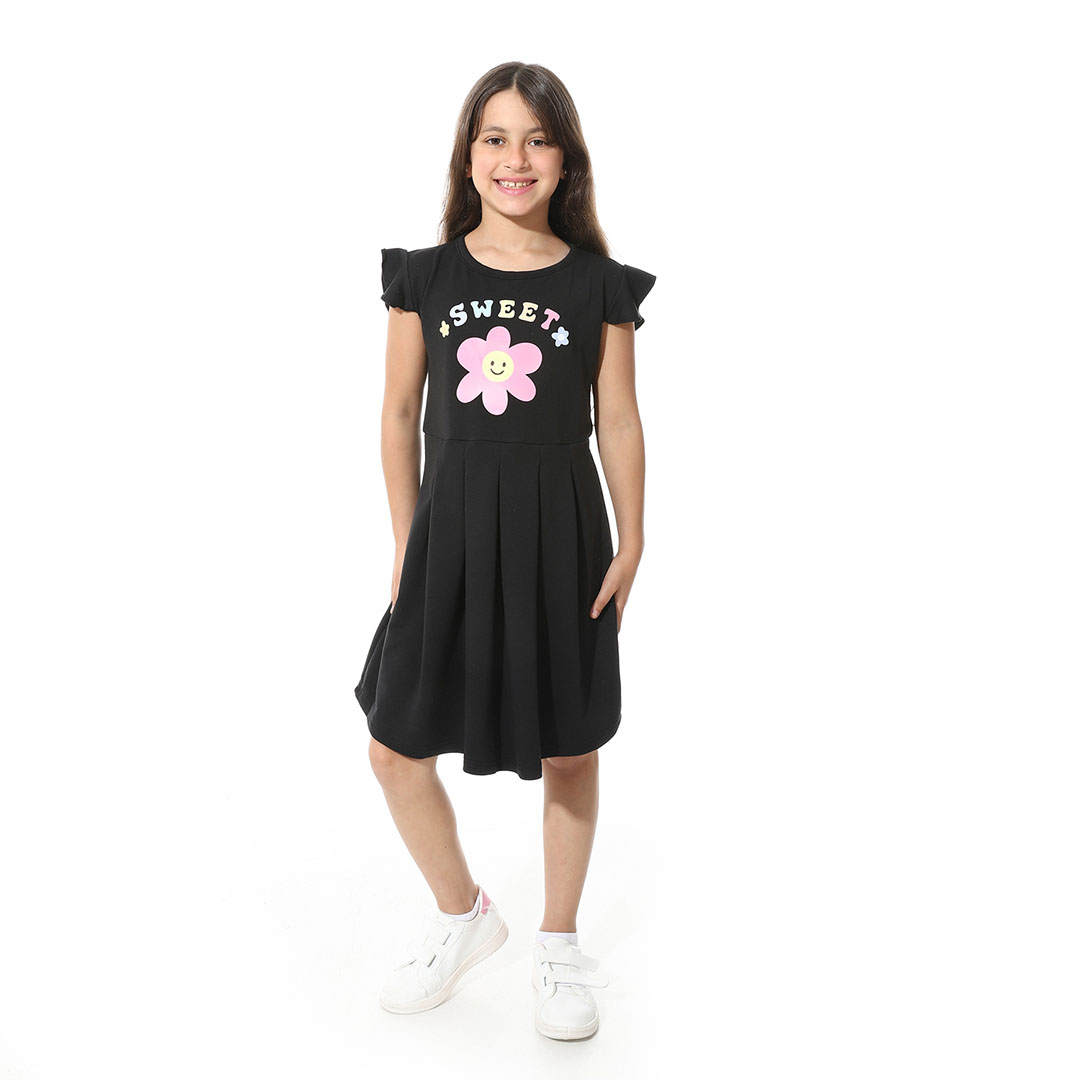 فستان مطبوع أمامي للبنات - أسود - g03