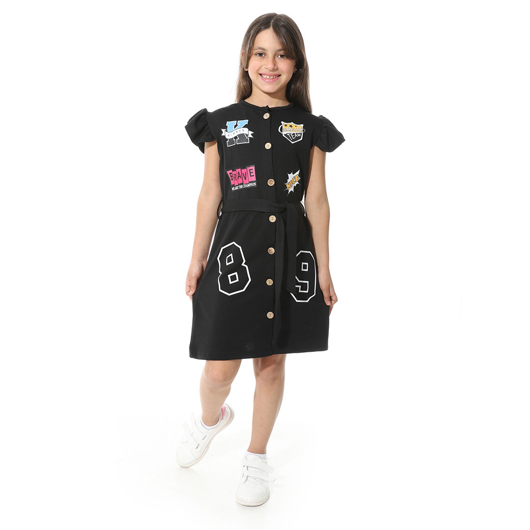 فستان مطبوع أمامي للبنات - أسود - g04