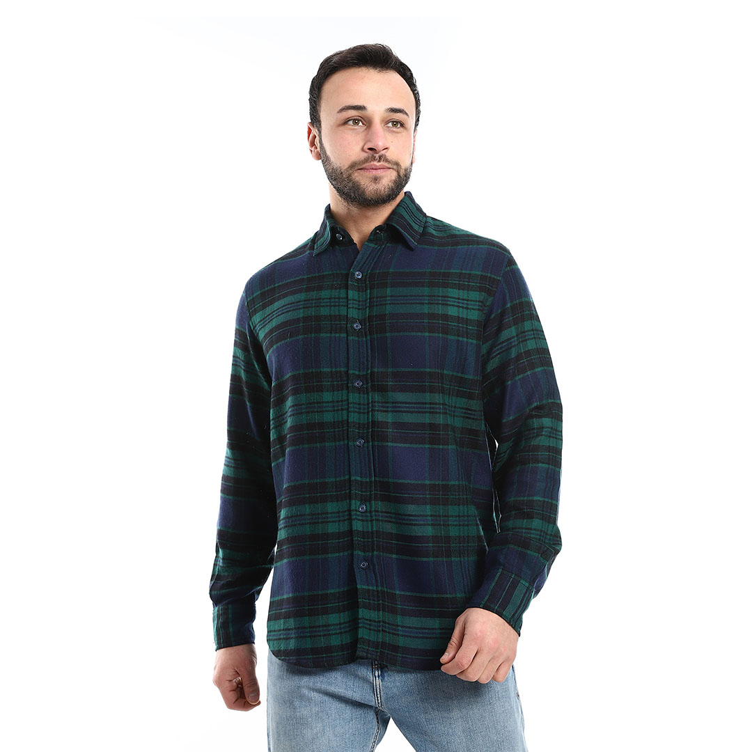 قميص رجالي كاروهات بأزرار للإغلاق - زيتي/كحلي - M4406