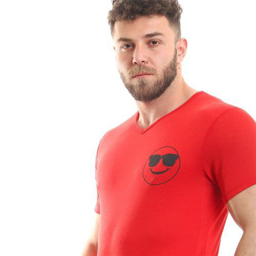 تي شيرت كادي رجالي بأكمام قصيرة وياقة على شكل حرف V - أحمر - R12