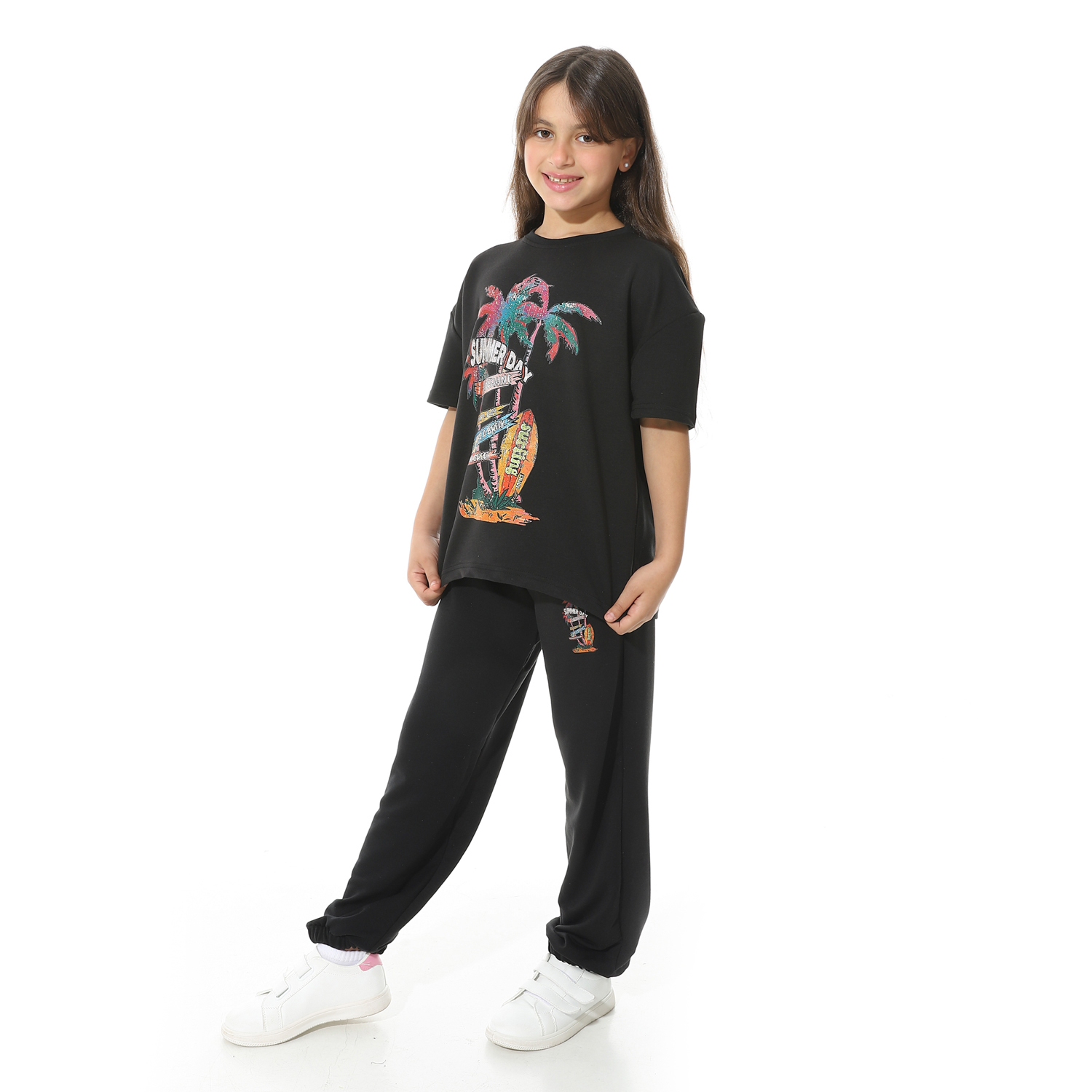 طقم بيجامة مطبوع مع بنطلون للأطفال - أسود - 1426