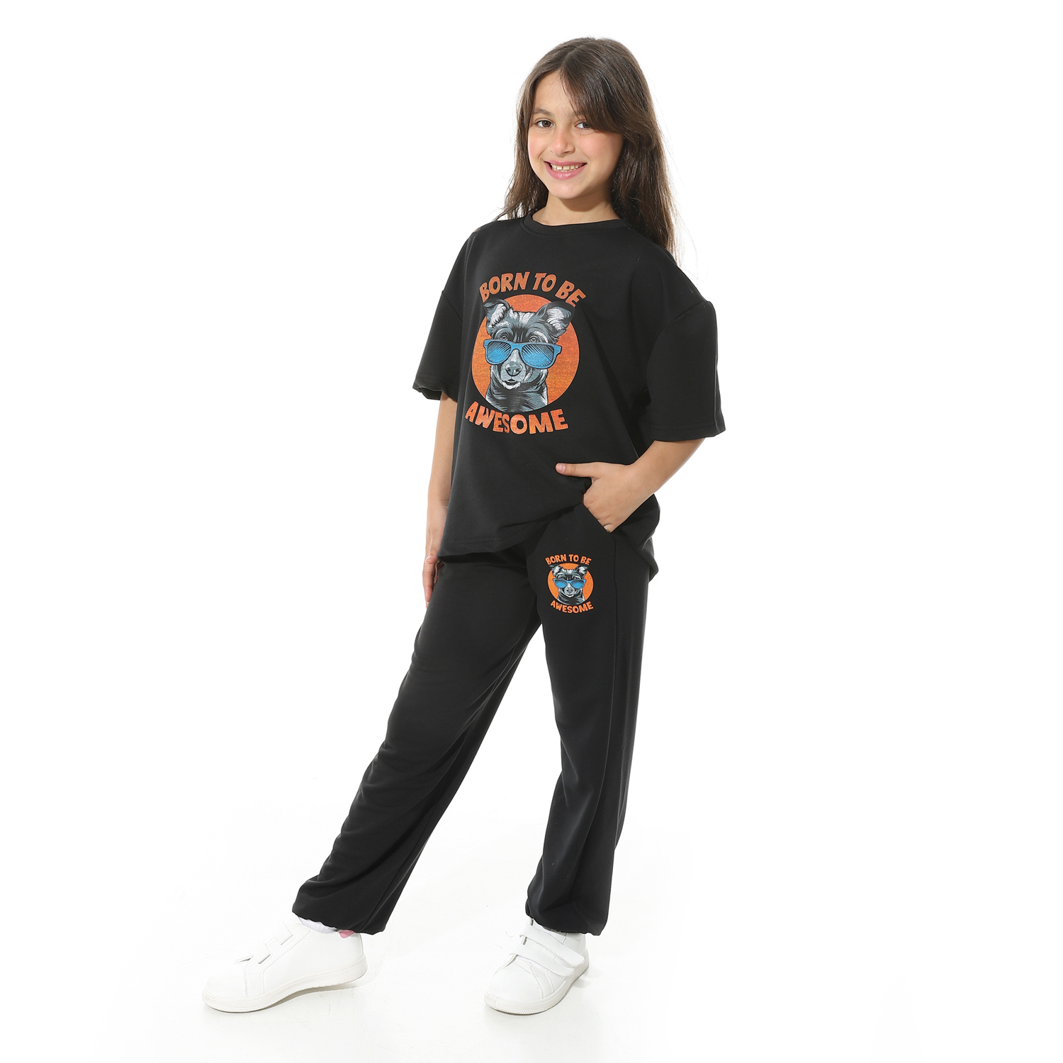 طقم بيجامة مطبوع مع بنطلون للأطفال - أسود - 1428