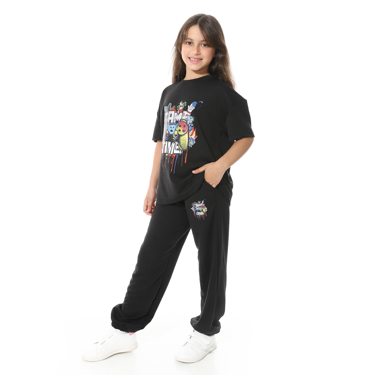 طقم بيجامة مطبوع مع بنطلون للأطفال - أسود - 1430