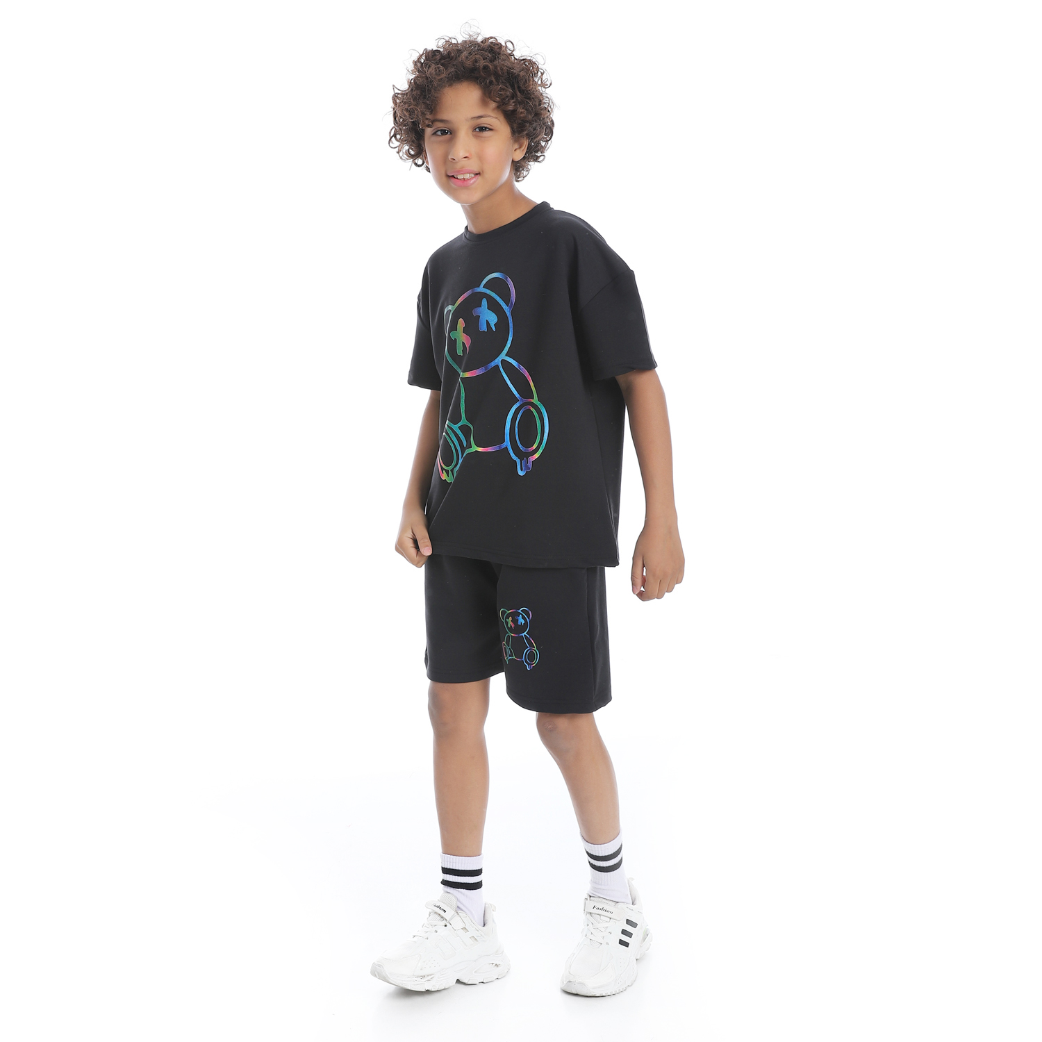 طقم بيجامة مطبوع مع شورت للأطفال - أسود - 1433