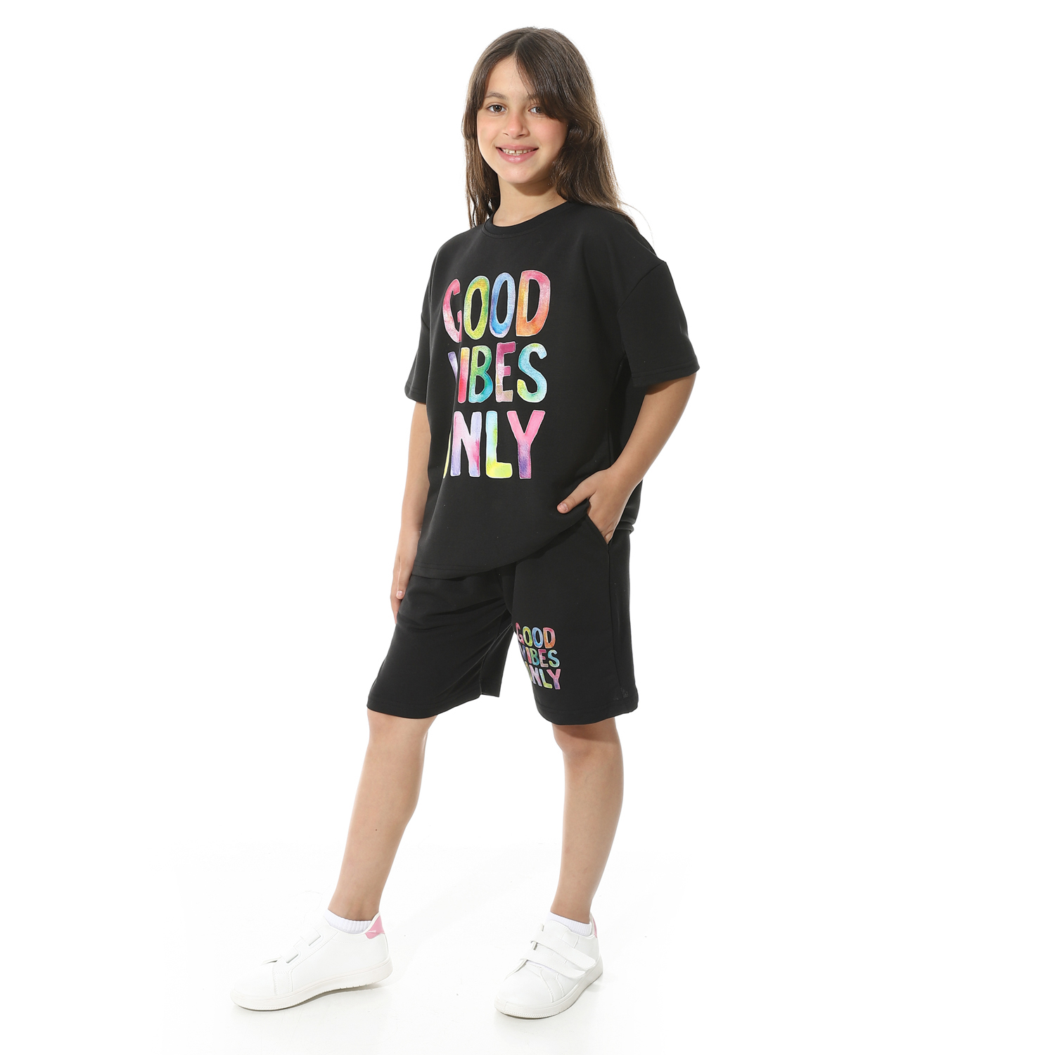 طقم بيجامة مطبوع مع شورت للأطفال - أسود - 1437