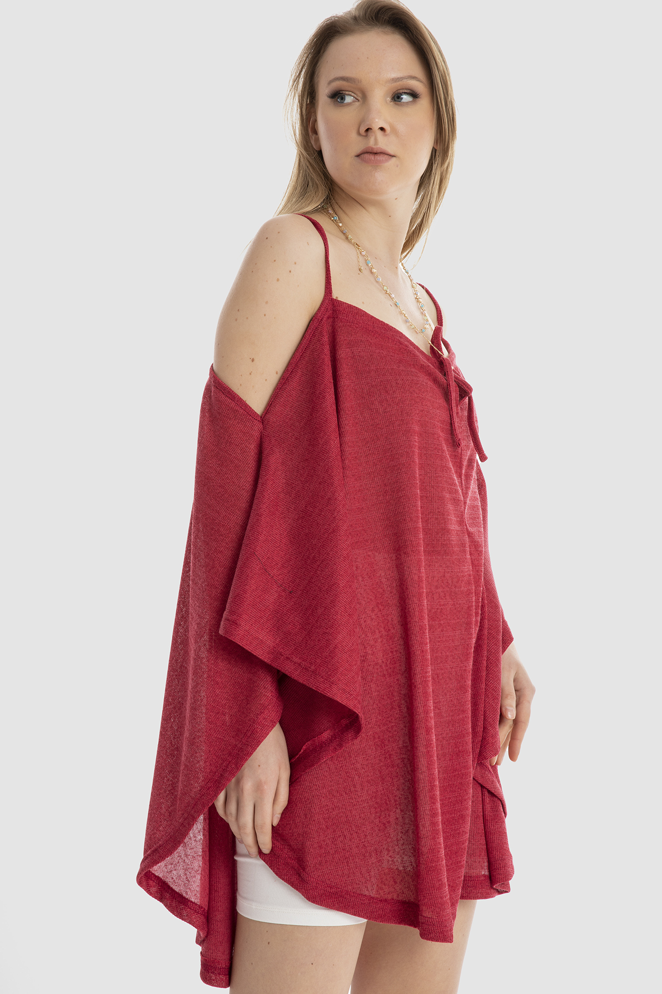 بلوزة وقميص فضفاض بأكمام مكشوفة وربطة أمامية حريمي - أحمر - 3333