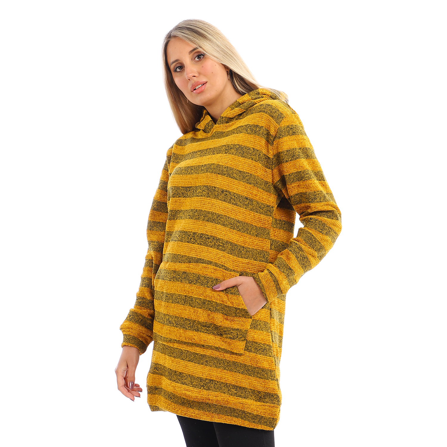 هودي طويل مخملي مخطط بري - مستردة - 6830