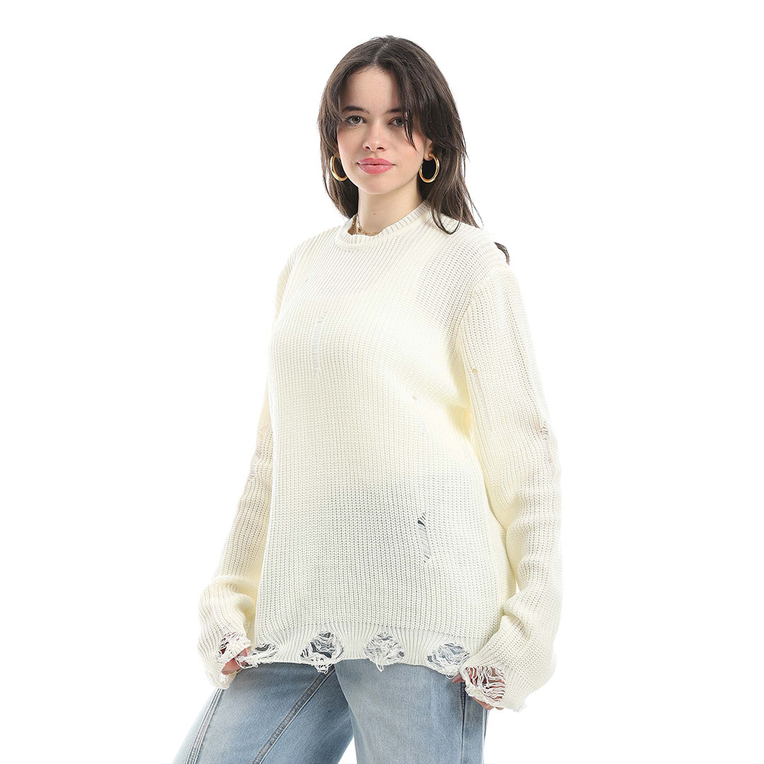 بلوفر صوف بكم واسع حريمي - أوف وايت