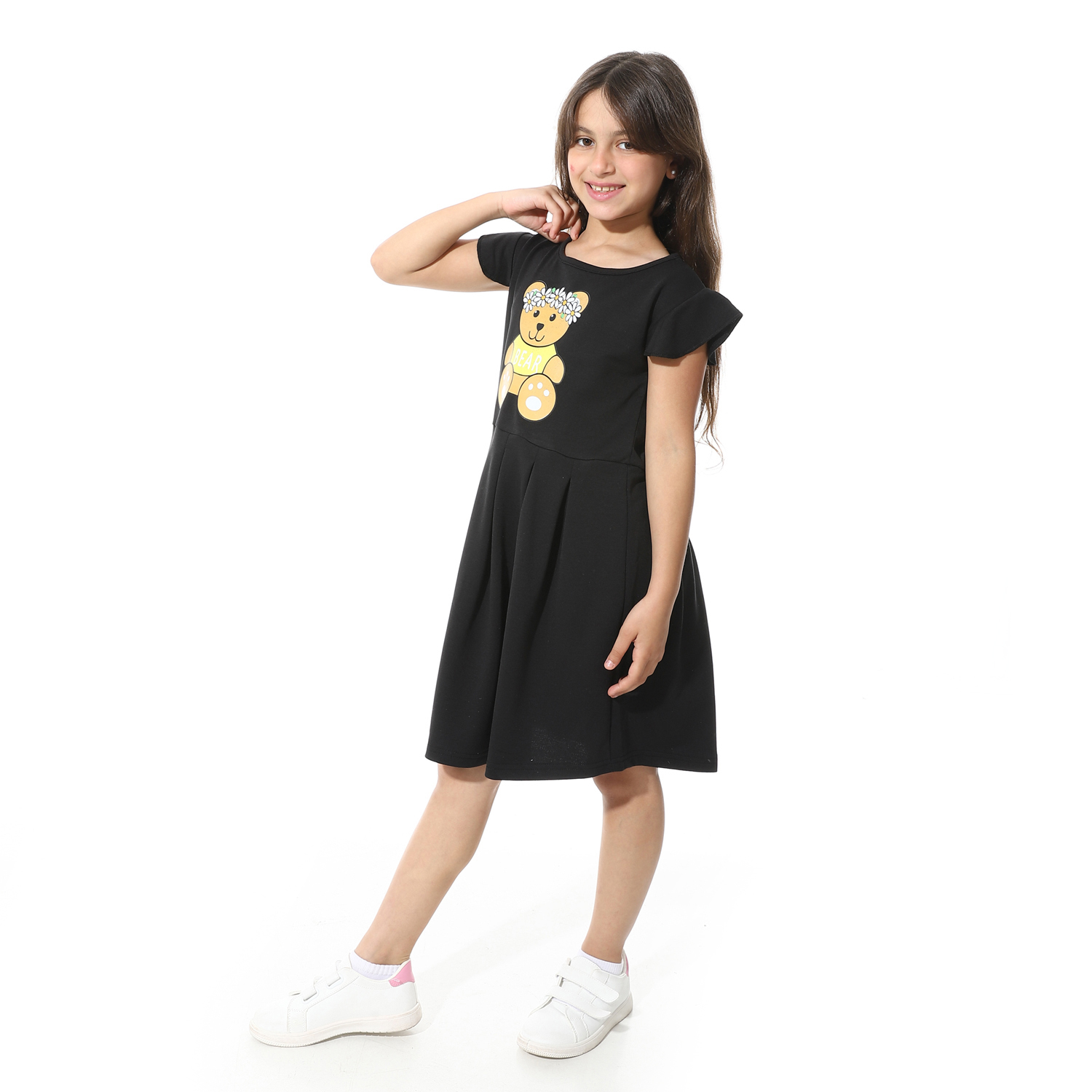 فستان مطبوع أمامي للبنات - أسود - g02
