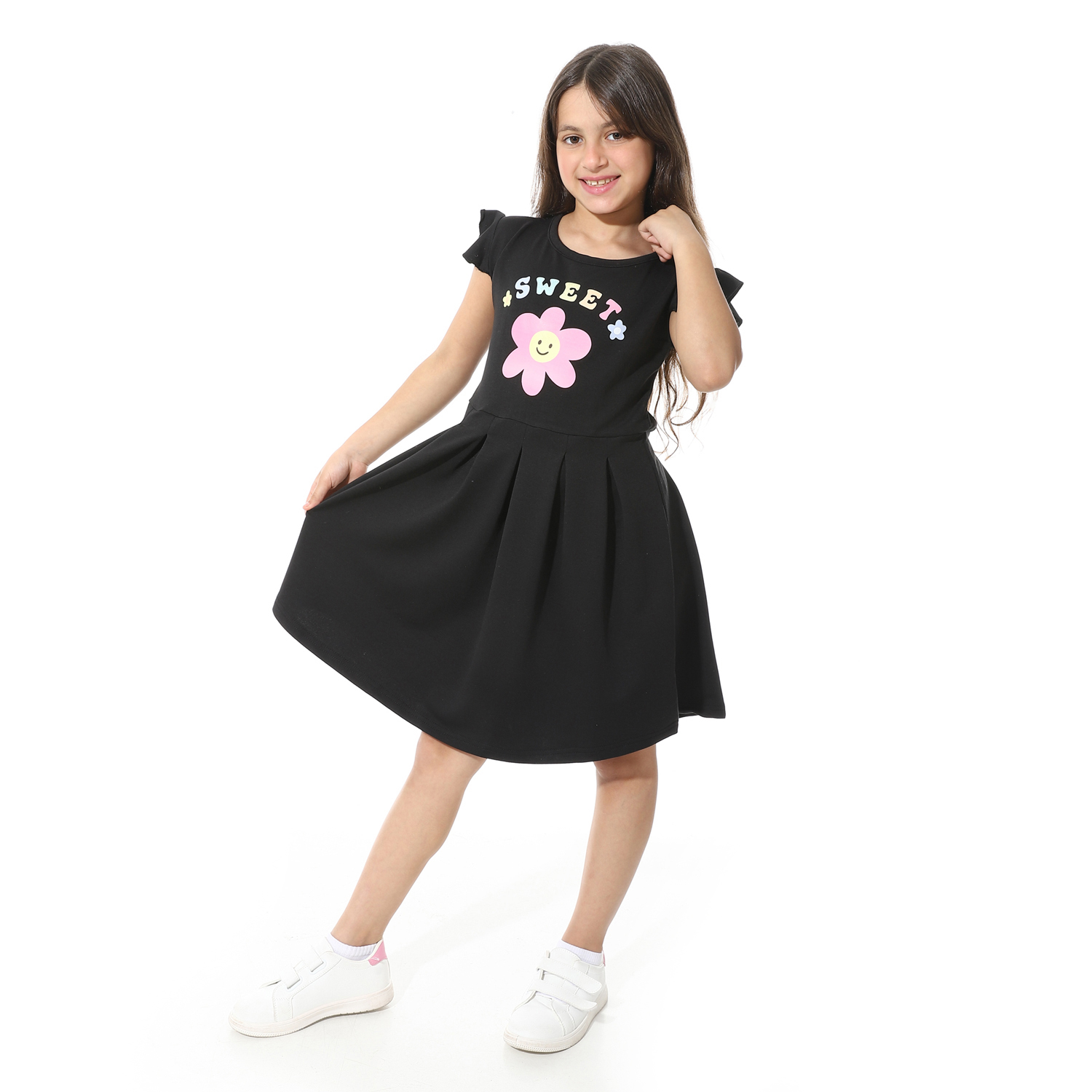 فستان مطبوع أمامي للبنات - أسود - g03