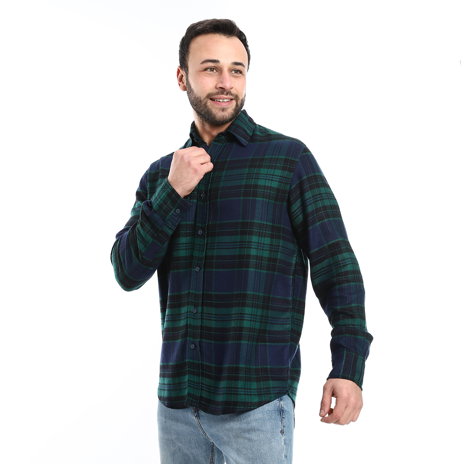 قميص رجالي كاروهات بأزرار للإغلاق - زيتي/كحلي - M4406