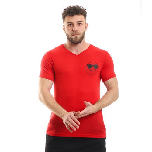 تي شيرت كادي رجالي بأكمام قصيرة وياقة على شكل حرف V - أحمر - R12