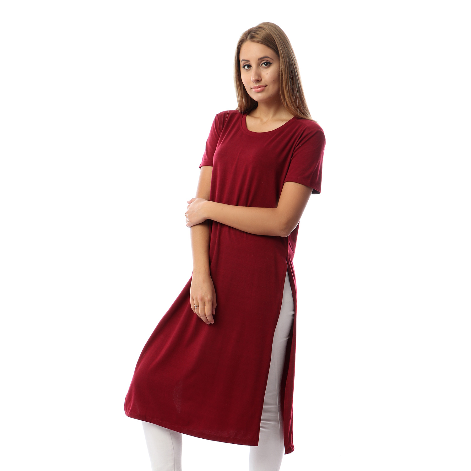 بلوزة سادة بأكمام قصيرة وفتحات جانبية - s2045