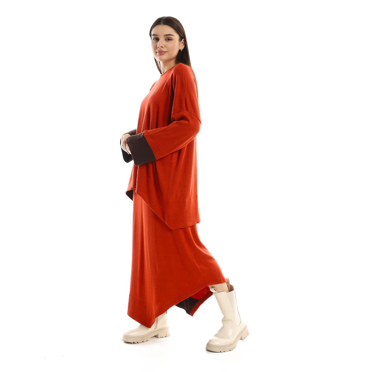 طقم من بلوزة قطنية برقبة دائرية وجيبة سادة - هافان - s2146