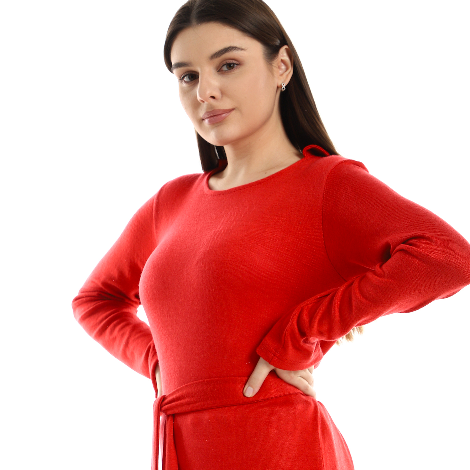 طقم تنورة بفتحات جانبية مع بلوزة دائرية سادة - أحمر - s2152