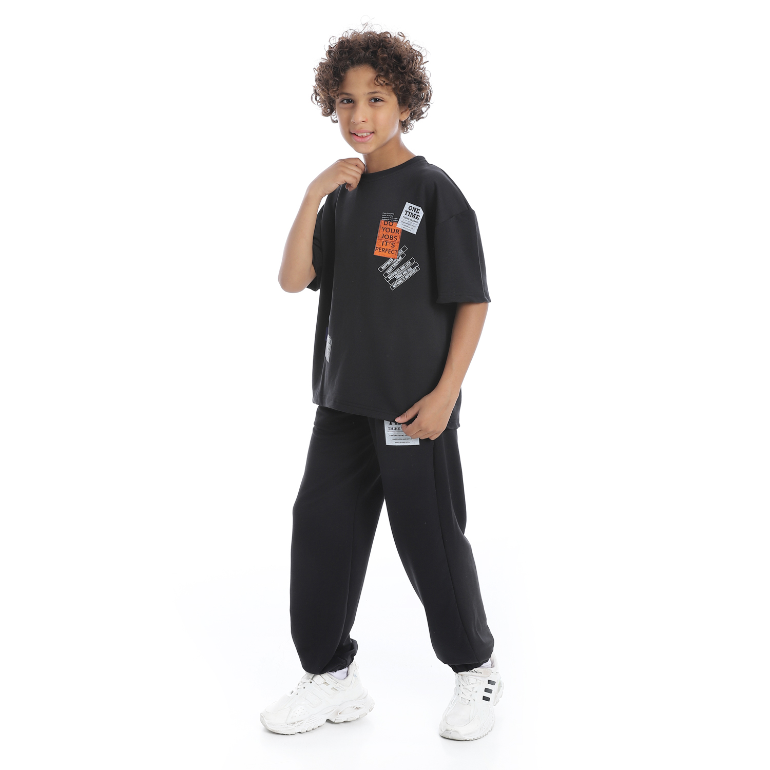 طقم بيجامة مطبوع مع بنطلون للأطفال - أسود - 1427