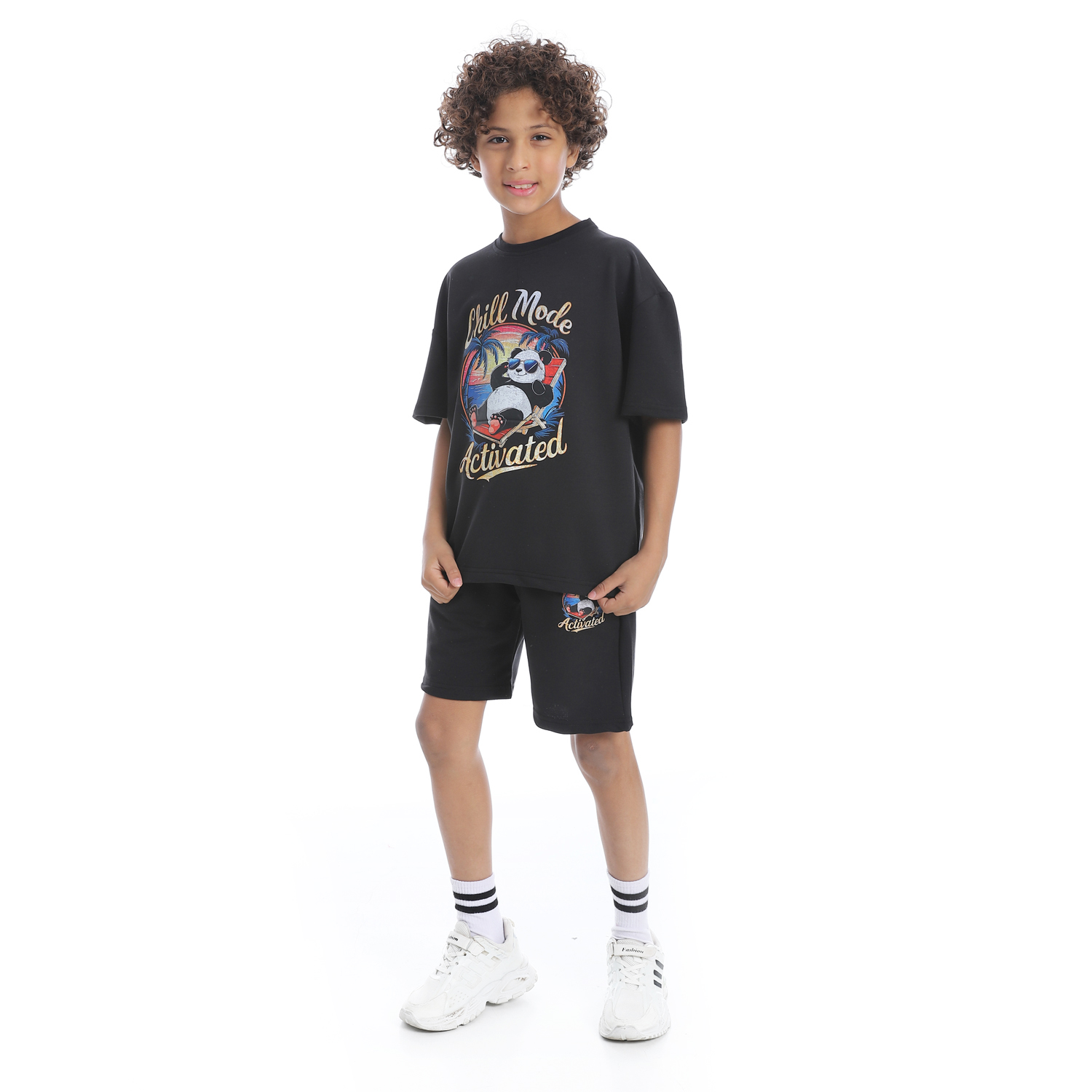 طقم بيجامة مطبوع مع شورت للأطفال - أسود - 1436