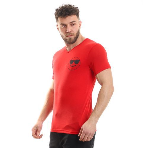 تي شيرت كادي رجالي بأكمام قصيرة وياقة على شكل حرف V - أحمر - R12