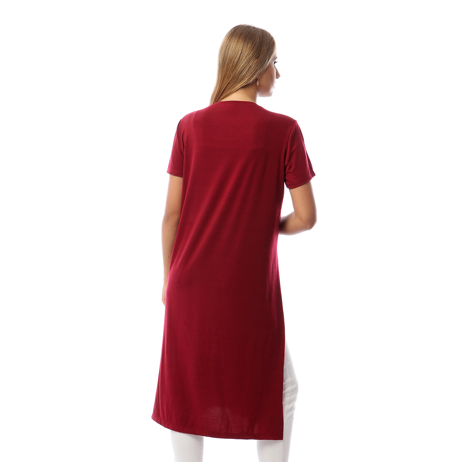 بلوزة سادة بأكمام قصيرة وفتحات جانبية - s2045