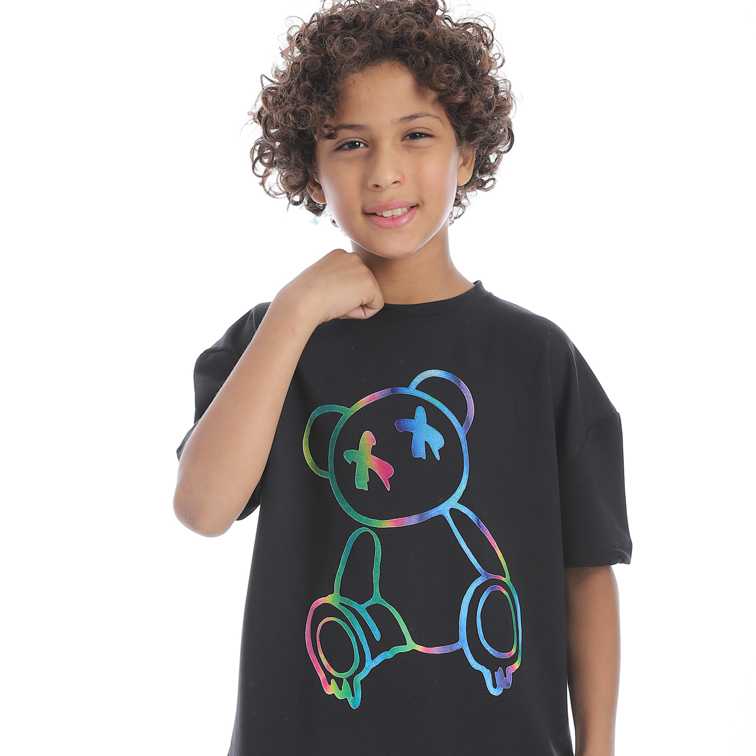 طقم بيجامة مطبوع مع شورت للأطفال - أسود - 1433